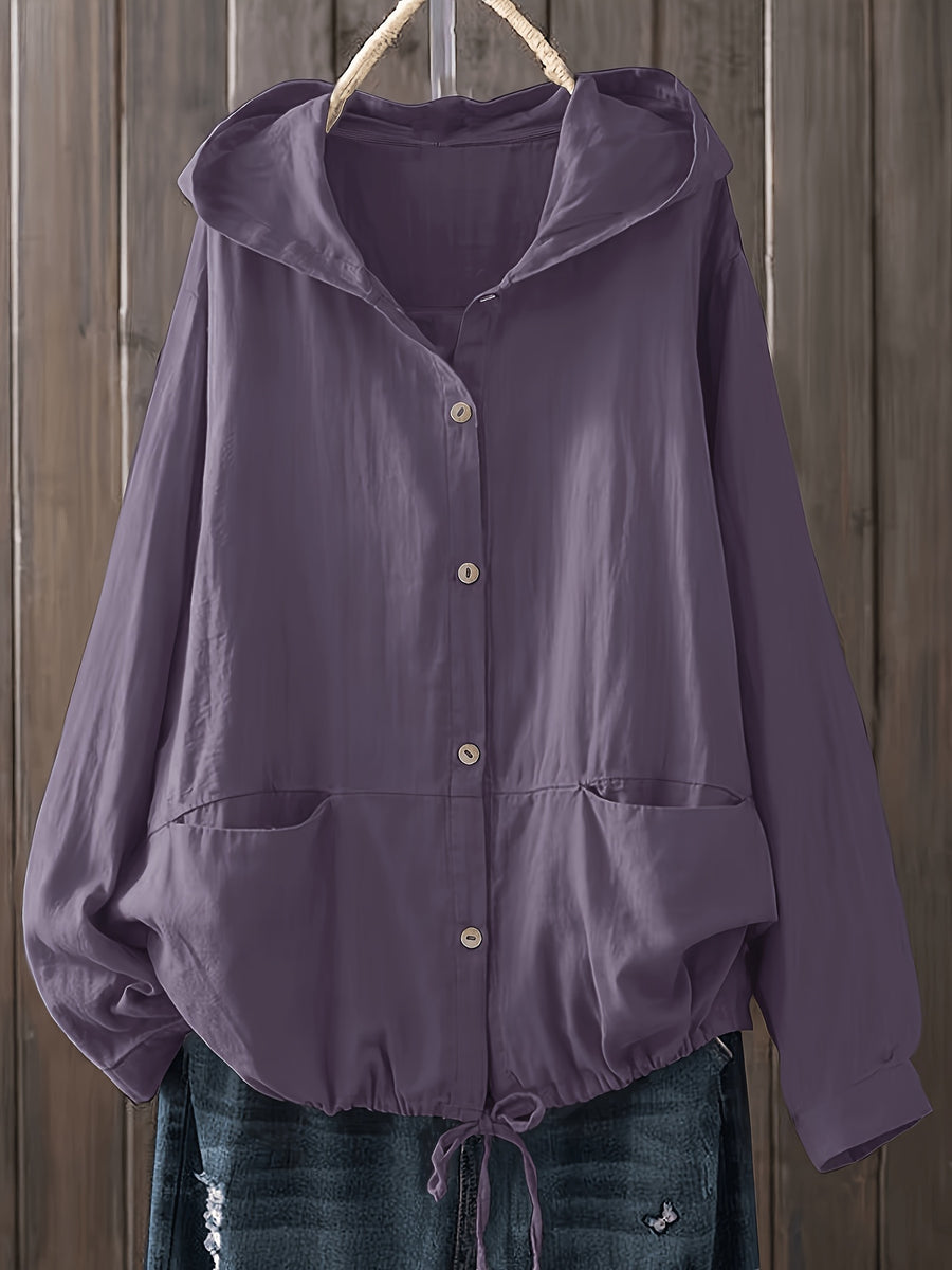 New Fashionable Solid Color Simple and Elegant Women's Hooded Jacket with Pockets - Purple