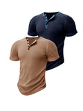 Men's Casual Slim Fit Henry Shirt Short Sleeved T-shirt Moisture Absorption and Sweat Wicking Breathable, Soft and Skin Friendly A Must-have for Summer 2pcs Set for - Royal Blue with Khaki