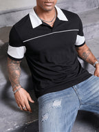 American-style Trendy Black and White Color-block Short-sleeve Polo Shirt, New Summer Loose-fit Contrast-color Lapel Men's Top, Soft, Breathable, and Comfortable Fabric, Streetwear and Date Fashion Outfit - Black