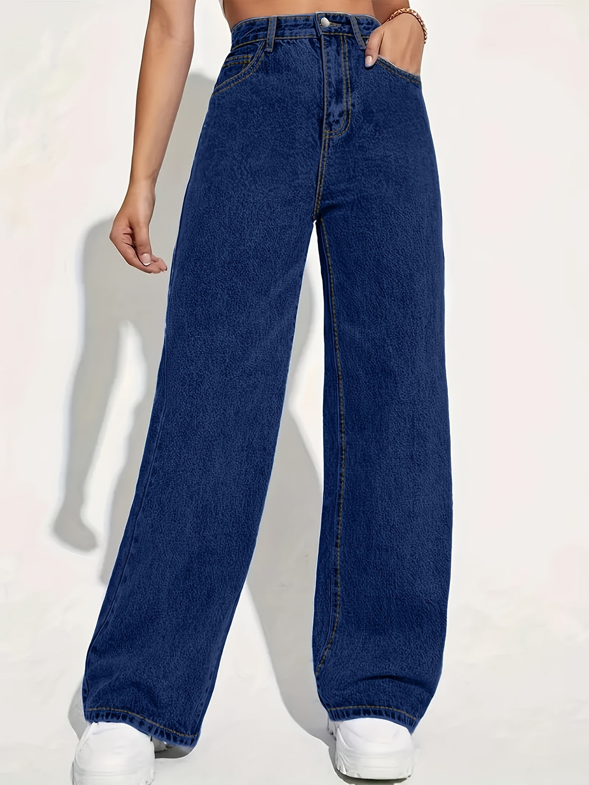 Fashionable Casual Straight-cut Jeans with Pockets, Street Style, Elastic, Women's Long Pants Clothing - Deep Blue