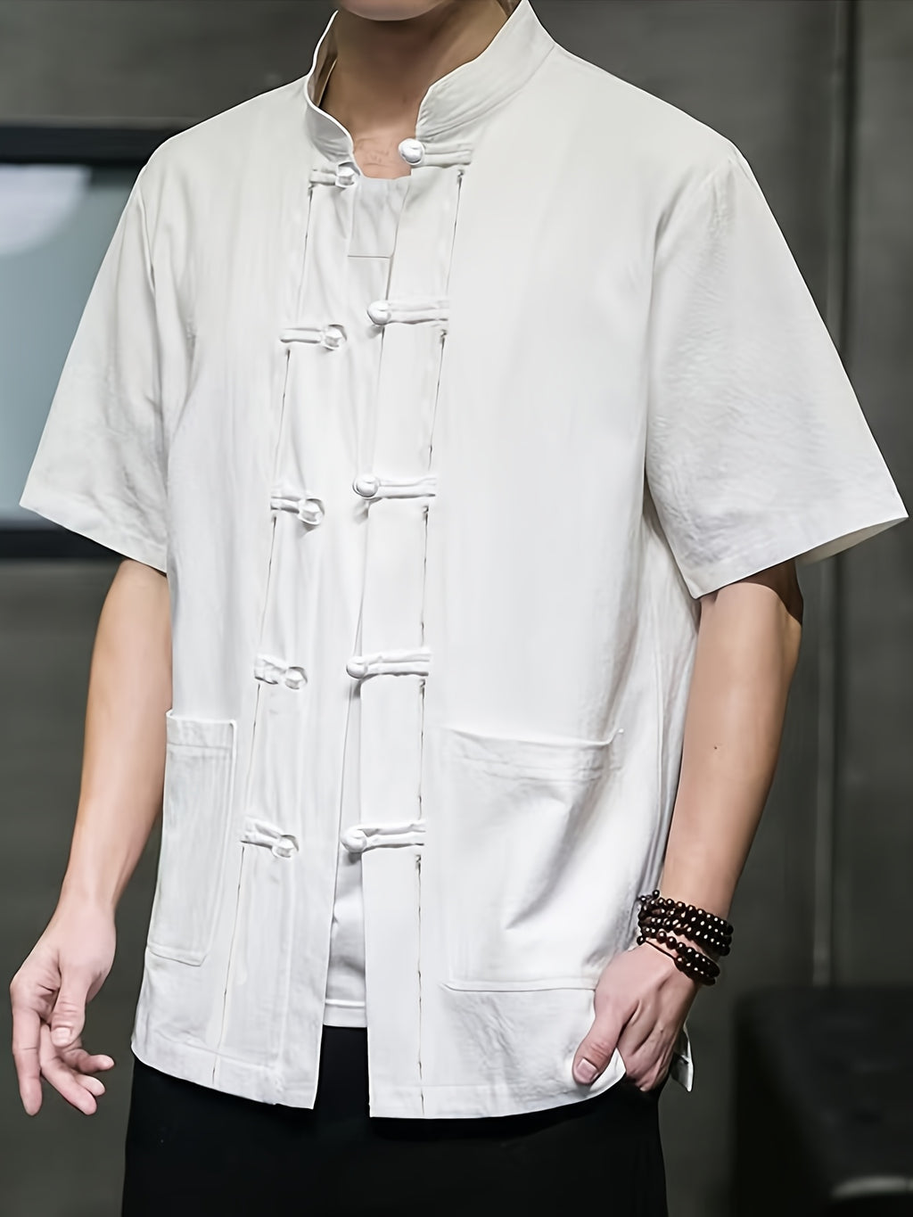 New Men's Short-sleeved Casual Shirt, Comfortable Pure Cotton, Chinese Knot Button, Tang Suit Style Top, Stand Collar, Ethnic Style, Hanfu, Simple and Versatile Men's Shirt - White