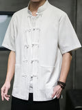New Men's Short-sleeved Casual Shirt, Comfortable Pure Cotton, Chinese Knot Button, Tang Suit Style Top, Stand Collar, Ethnic Style, Hanfu, Simple and Versatile Men's Shirt - White