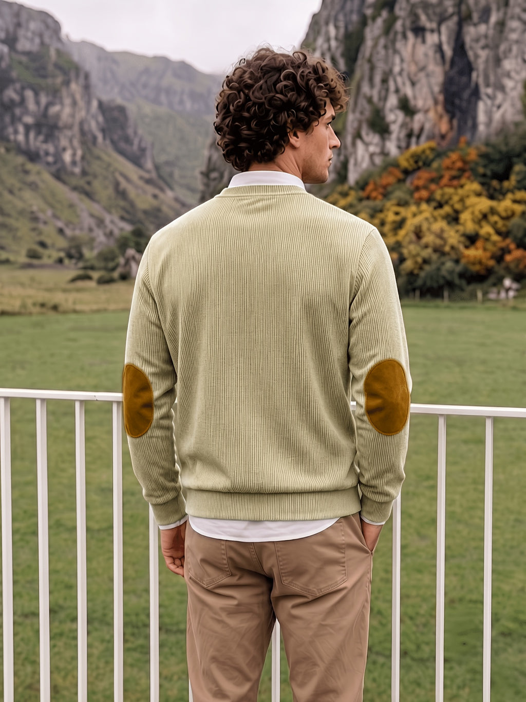 Men'S Corduroy Long-Sleeve Crew-Neck Pullover Leisure Work Outdoor Daily Wear Faux Collar Elbow Patches Design Loose Regular Fit Suitable for Spring, Autumn, And Winter Four Seasons Solid Color Minimalist Tone - Khaki
