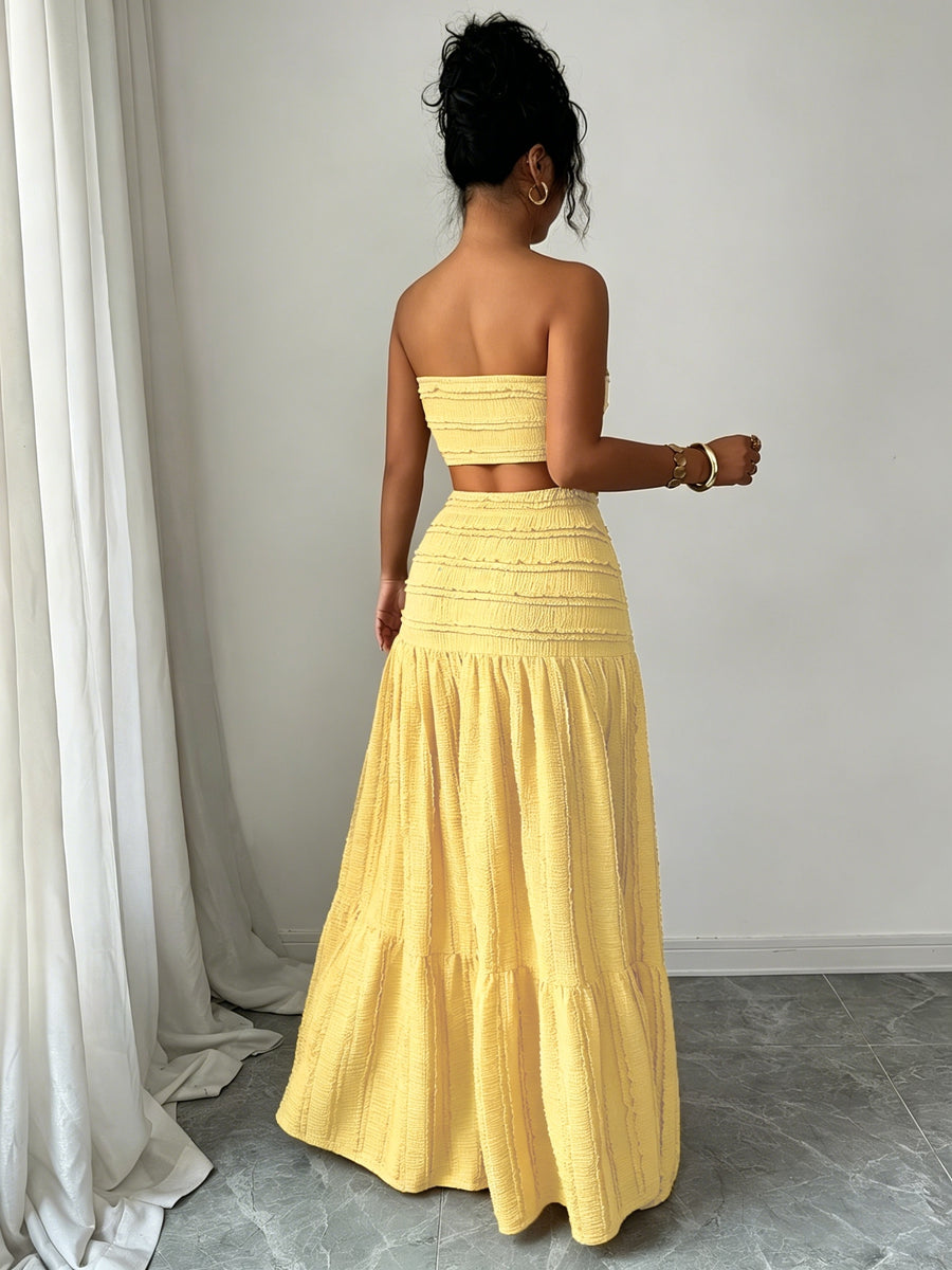Women'S Jacquard Twisted Short Top And Loose Skirt Set, Elegant Fashion, Suitable for Birthday, Date, Party, Formal Occasions, Music Festival, Valentine'S Day, Easter, Labor Day, Back to Party, Singles' Day, Spring And Summer Wear - Bright Yellow