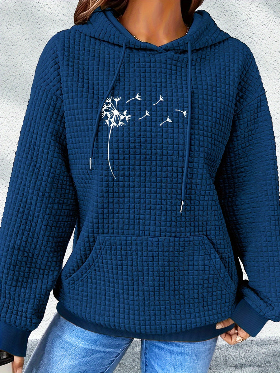 Valentine's Day 2026 New Summer Promotion Fashionable, Commuting, Daily Outfit, Casual Yet Appropriate, Elegant, People, Waffle Women's Drawstring Hooded Sweatshirt Casual Loose Printed Sweatshirt - Royal Blue