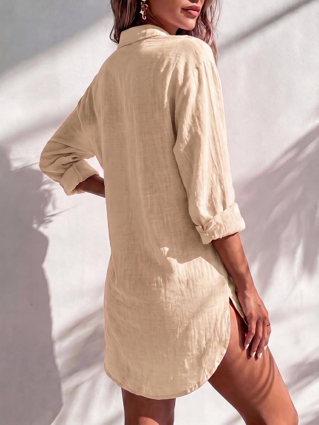 Women'S Solid Color Long Sleeve Mid-Length Shirt, Casual Everyday Wear, Temperament Easy Commute Style, Straight Loose Fit, Comfortable And Breathable Fabric, Seaside Vacation, Home Comfort Wear, Spring Summer Fall Winter All-Season Women'S Shirt - Khaki
