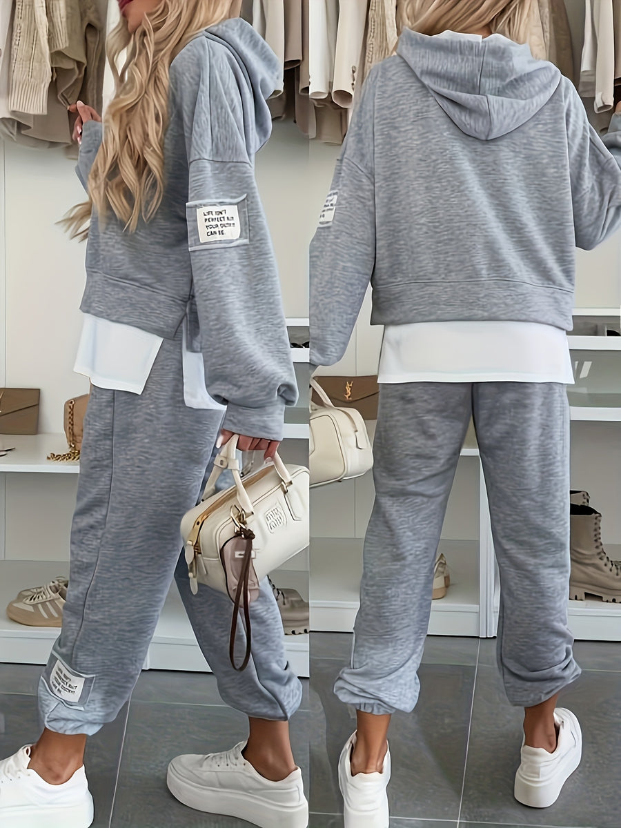 Women's Hooded Patchwork Casual Swear Set, Fashionable Commute Style, Unique Tag Design on Sleeves and Pants, 2-in-1 Look Hooded Top + Pants Set, -Lined for Autumn/Winter, Machine Washable - Silvery Grey
