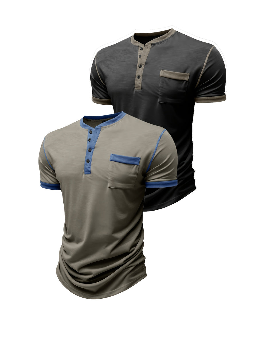 Summer Men'S Short Sleeve T-Shirt Classic Henry Shirt Men'S Short Sleeve Shirt Soft And Skin-Friendly A Must-Have for Summer Breathable And Cool Two-Piece Set for - black with khaki