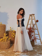 Women Elegant Black White Contrast Halter Neck Mesh Patchwork Dress Wedding Party Vacation Date - Black