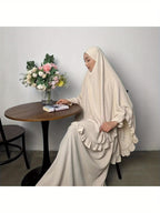 2pcs Set: Middle East Dubai 2pcs Set, Including 1 Solid Color Long Headscarf + 1 Long Robe, Women's Fashion Loose Robe Ramadan Prayer Outfit - Off-white