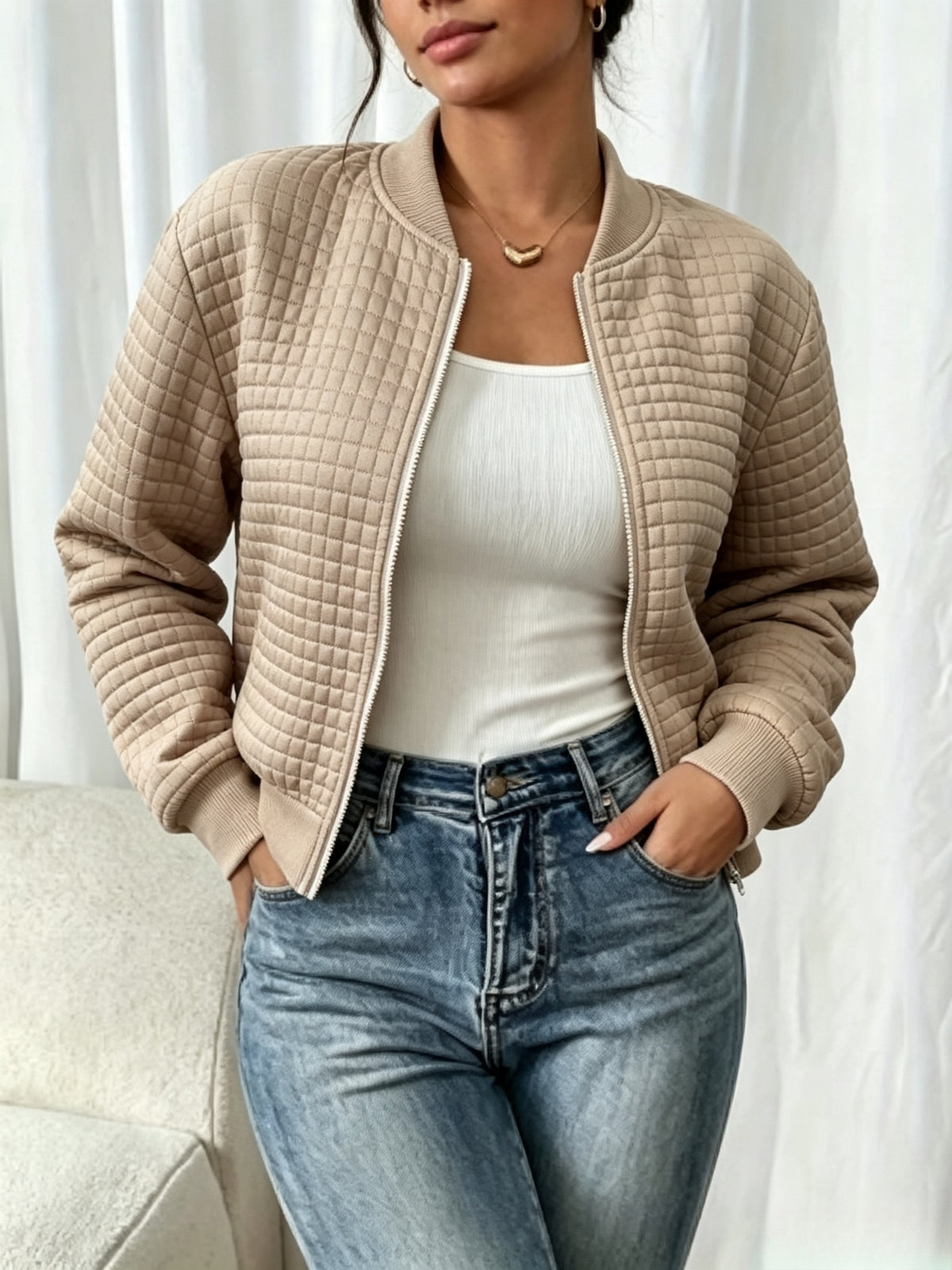 Easy Temperament Checkered Embossed Jacket, Casual All-Match Commute Loose Short Stand-Up Collar Coat Women'S - Camel