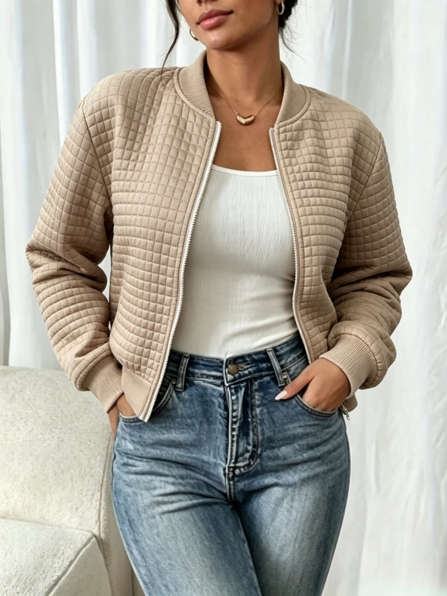 Easy Temperament Checkered Embossed Jacket, Casual All-Match Commute Loose Short Stand-Up Collar Coat Women'S - Camel