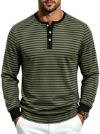 Men's Striped Henley Neck Long Sleeve T-Shirt, Fall Casual 3 Buttons Commuter Basic Shirt - fern green