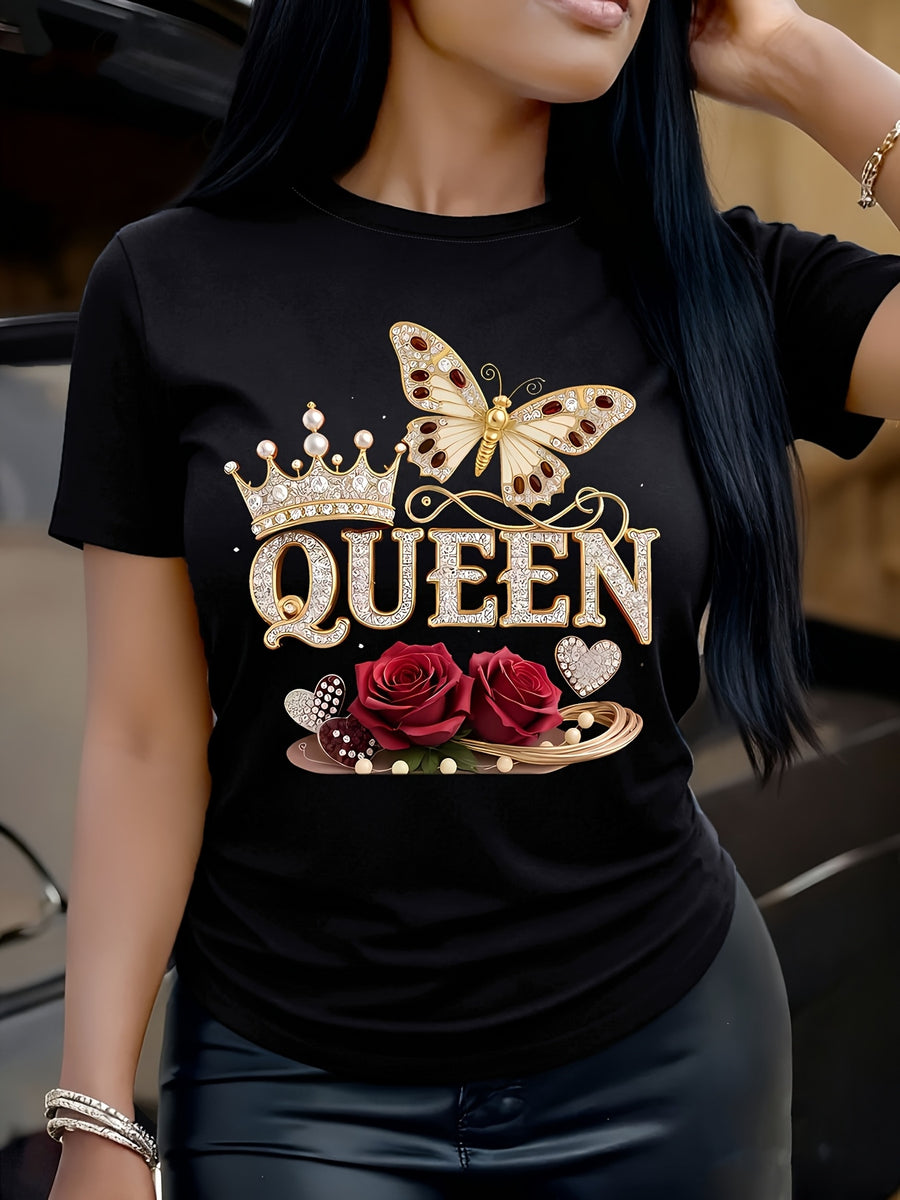 QUEEN Women's Queen Crown & Butterfly Rose T-Shirt - Lightweight Soft Round Neck Short Sleeve Top, Suitable for Outdoor & Indoor Wear, Birthday Gift, Casual Elegant Birthday Outfits, Machine Washable - Fashionable Tee - Black