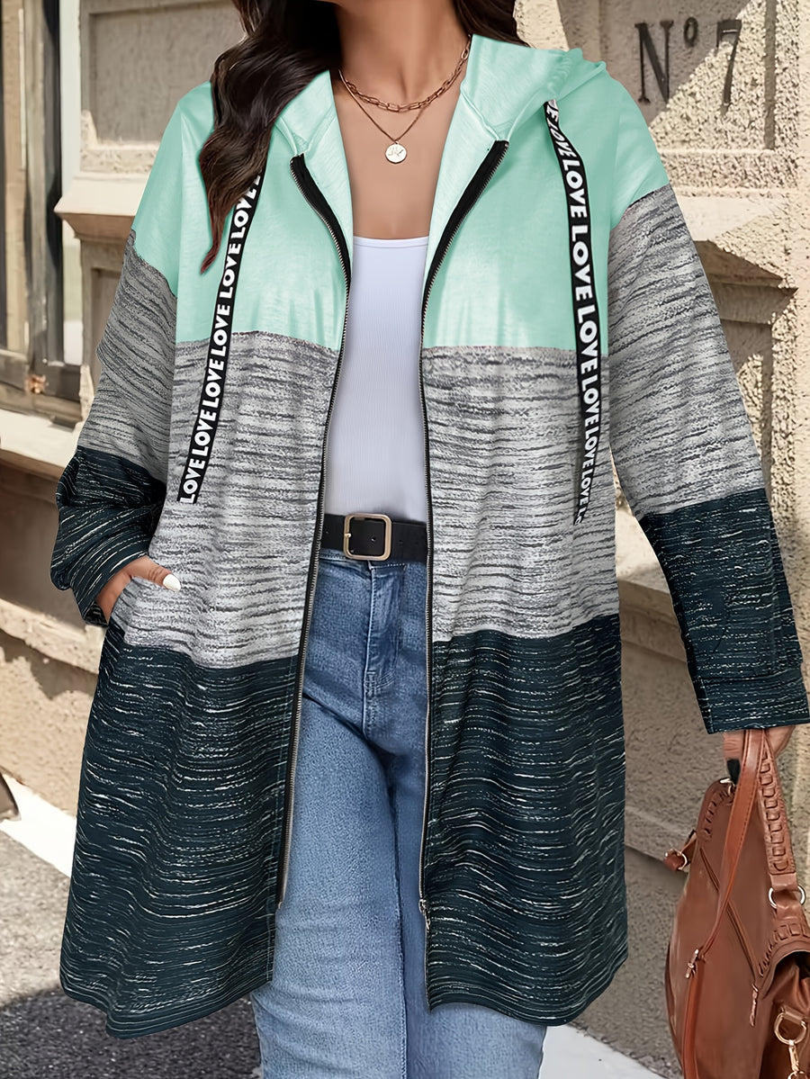 Plus Size, Cross-border Autumn/winter New Color-block Printed Letter Drawstring Hooded Long-sleeve Pocket Women's Plus-size Casual Jacket - Mineral Green