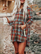 Early Autumn Fashion Vintage Loose Hooded Button Sweatshirt Shirt for Women, Soft Contrast Color Plaid Design, Hooded Style, Suitable for Vacation, Outings, and Commuting Wear - Deep Red