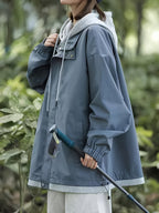 New Women's Casual 2-in-1 Look Workwear Trench Coat, Loose American-Style Hooded Jacket Outerwear Top - Dark Blue 1