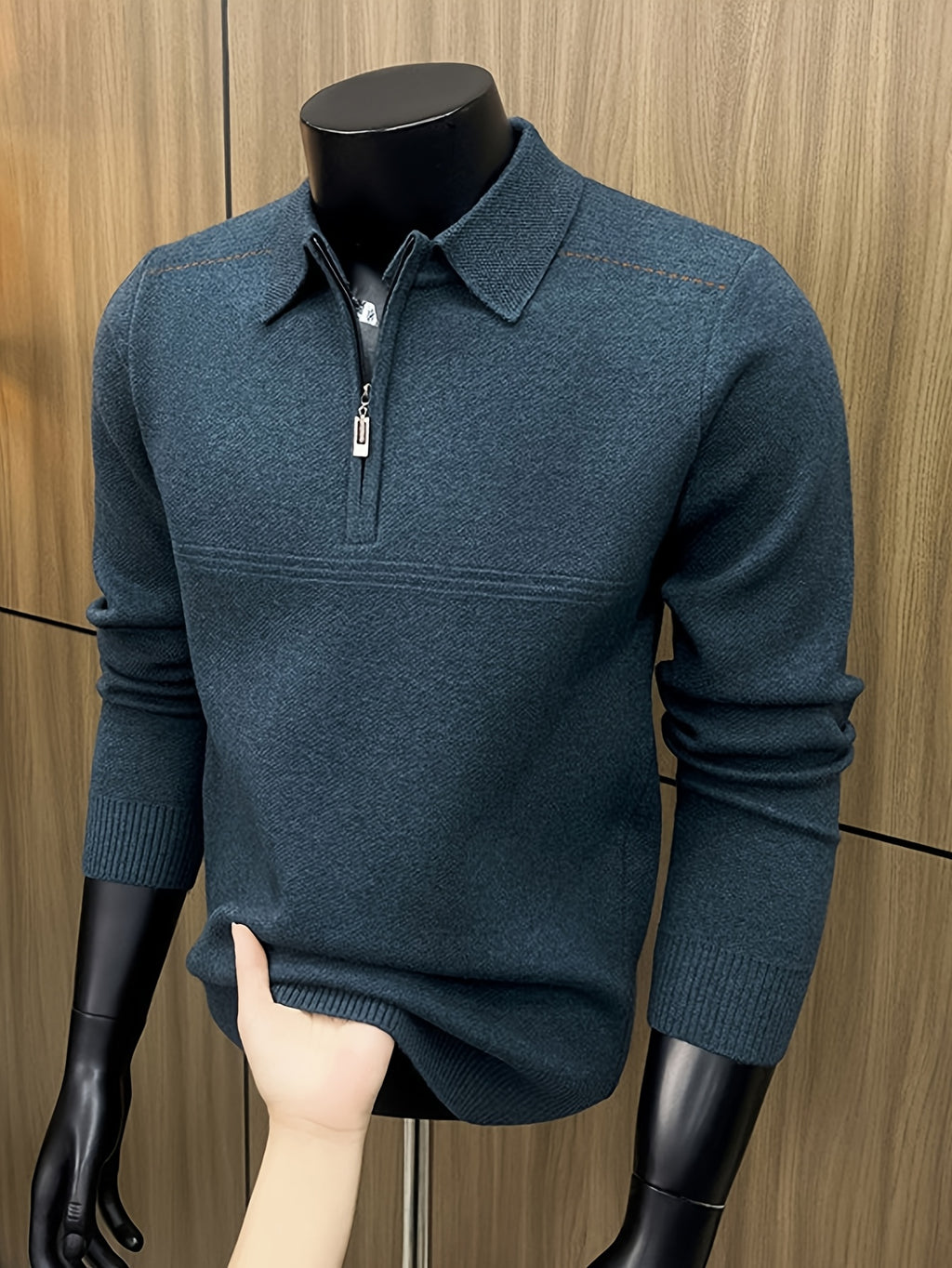 Men's Thickened Lapel Half-Zip Pullover Long-Sleeve Sweater with Ribbed Cuffs and Hem, Autumn/Winter Style, Suitable for Layering or Wearing Alone, Business Casual Style - 【blue green】