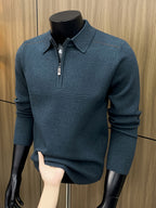 Men's Thickened Lapel Half-Zip Pullover Long-Sleeve Sweater with Ribbed Cuffs and Hem, Autumn/Winter Style, Suitable for Layering or Wearing Alone, Business Casual Style - 【blue green】
