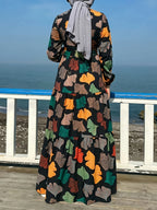Comfortable Middle Eastern Print Long Dress Robe | Floral Pattern, Long Length, With Belt, Suitable For All Seasons - Orange-Red