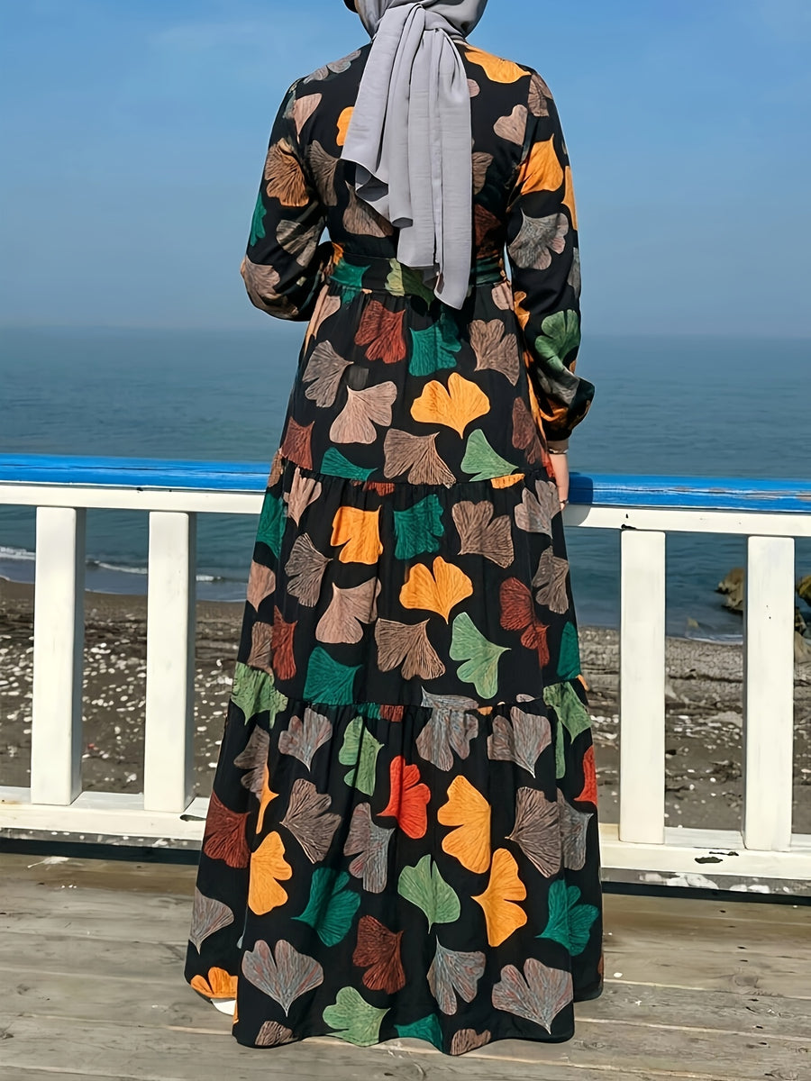 Comfortable Middle Eastern Print Long Dress Robe | Floral Pattern, Long Length, With Belt, Suitable For All Seasons - Orange-Red