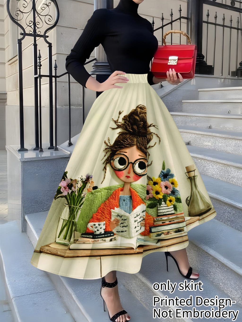 QC Midi Cartoon Reading Book Illustration Print Design Women's Elegant and Fashionable Half-Skirt - Off-white