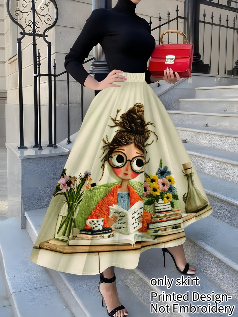 QC Midi Cartoon Reading Book Illustration Print Design Women's Elegant and Fashionable Half-Skirt - Off-white