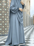 Middle Eastern Solid Color Women'S Robe with Pearl Sleeves Dress And Long Scarf 2pcs Set, Ideal for Women'S Daily Wear, Travel, And Ramadan - Bright Steel Blue