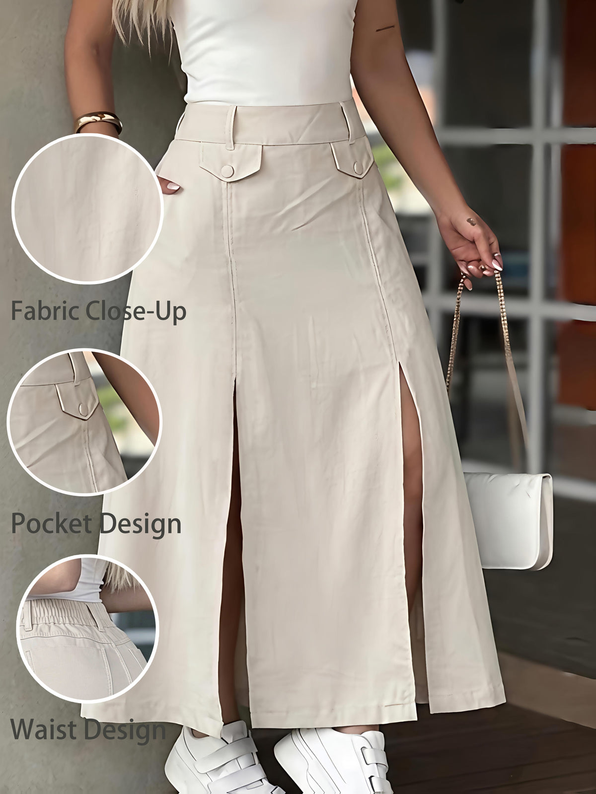 Beige Cargo Style High-Waist Slit Midi Skirt Women'S Double-Pocket Waist-Cinching A-Line Skirt, Summer Breathable -Feel High-Waist Slit Midi Skirt, Cargo Flap Pocket Design, Soft Beige Versatile Midi A-Line Skirt, Cargo Skirt - Apricot