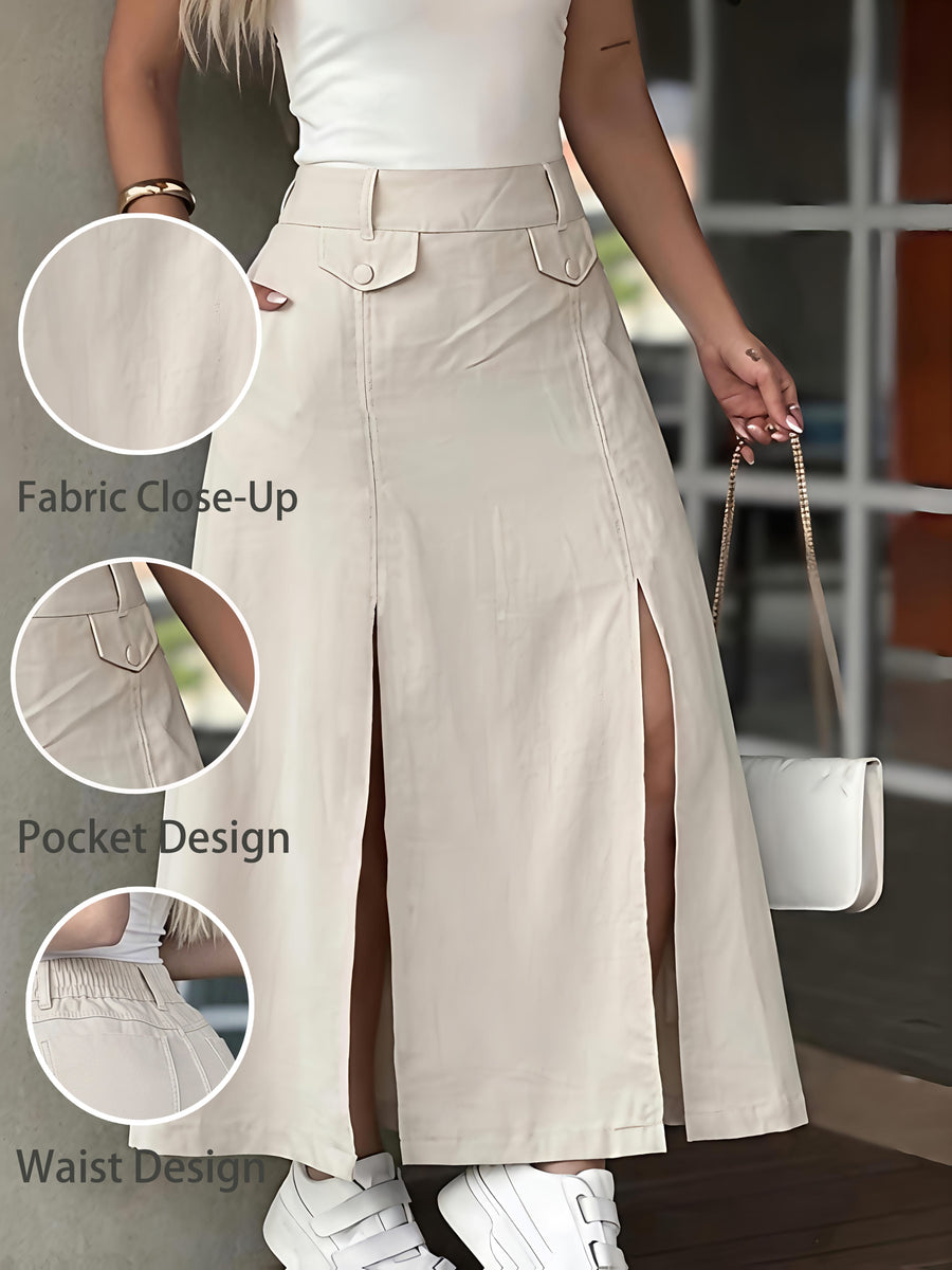 Beige Cargo Style High-Waist Slit Midi Skirt Women'S Double-Pocket Waist-Cinching A-Line Skirt, Summer Breathable -Feel High-Waist Slit Midi Skirt, Cargo Flap Pocket Design, Soft Beige Versatile Midi A-Line Skirt, Cargo Skirt - Apricot