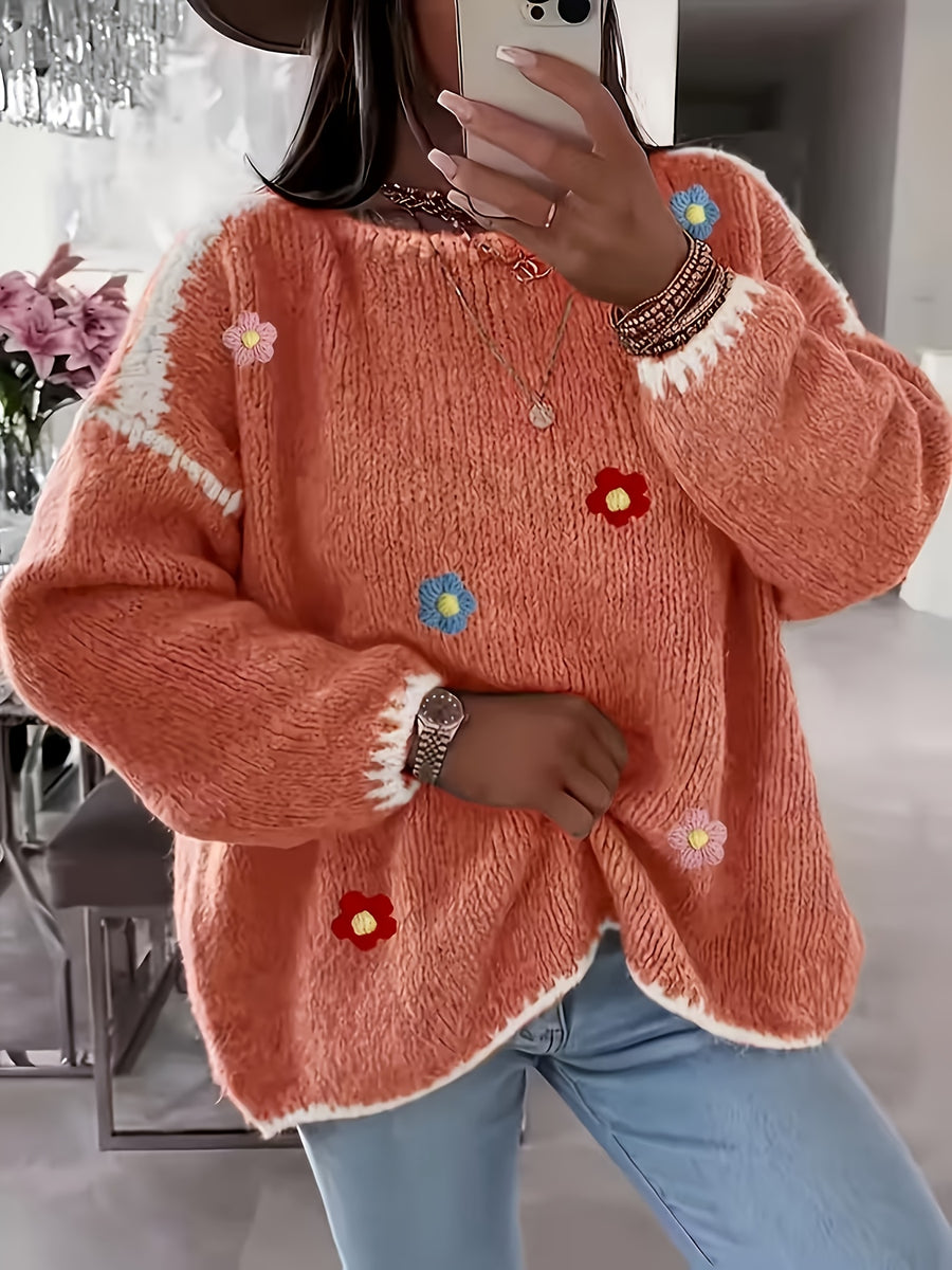 Women's Floral Pullover Elegant Sweater for Autumn and Winter - Orange-Red