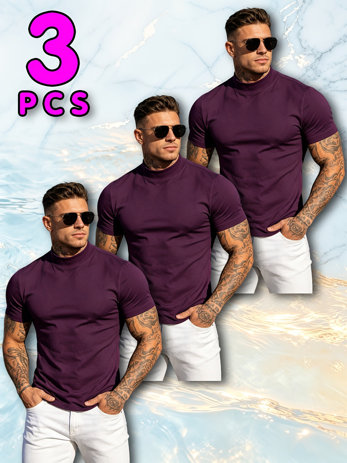 3pcs Fashionable Men's Cotton Sport Tops, Summer/Spring-Summer New Arrival, Skin-Friendly, Small Stand-Up Collar, Short Sleeve, Slim Fit, Casual, Men's Trendy, Versatile, and Simple Style - Multicolor 6