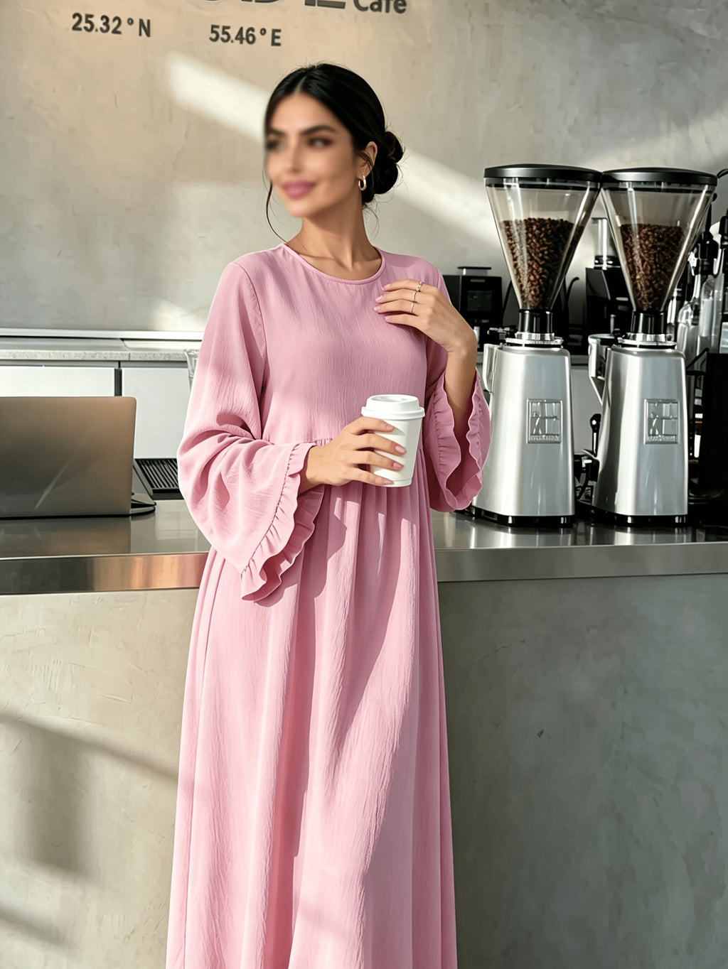 Round Neck Long Dress with Ruffled Flared Wide Sleeves, Soft Lightweight Breathable Fabric Loose Swing Style Dress for Women Daily Home And Outdoor Casual Matching - Pink Color