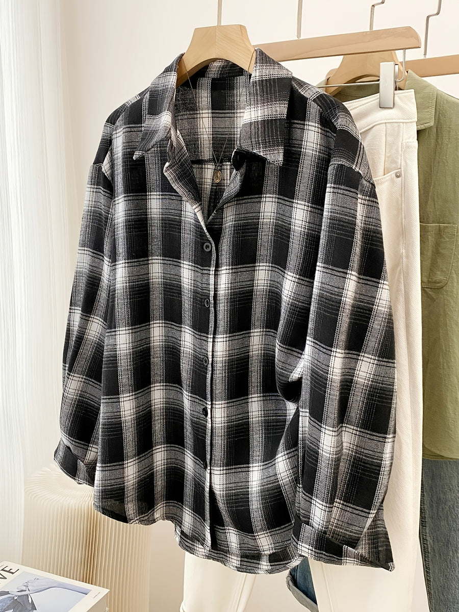 Women'S Shirt Multicolor Brushed Plaid Shirt Loose Top - Black