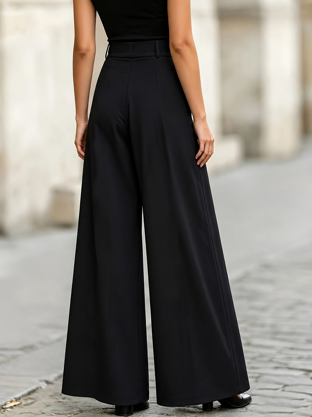 Women's Fashion High-Waisted Pleated Wide-Leg Pants for Commuting and Casual Wear - Black