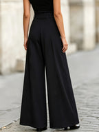 Women's Fashion High-Waisted Pleated Wide-Leg Pants for Commuting and Casual Wear - Black