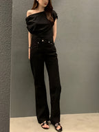 Summer New Niche Irregular Off-shoulder Design Solid Color Pullover Short-sleeve T-shirt - Black
