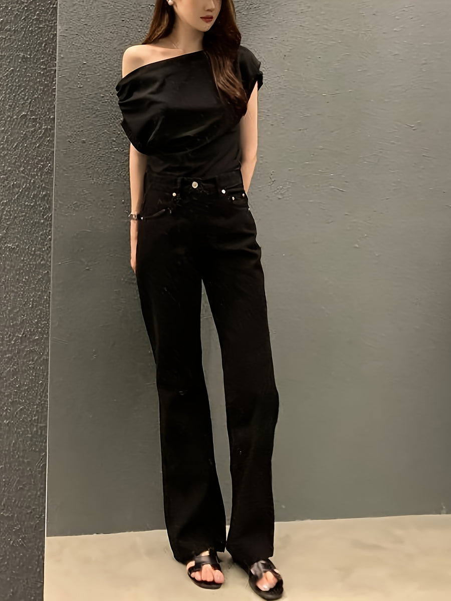 Summer New Niche Irregular Off-shoulder Design Solid Color Pullover Short-sleeve T-shirt - Black