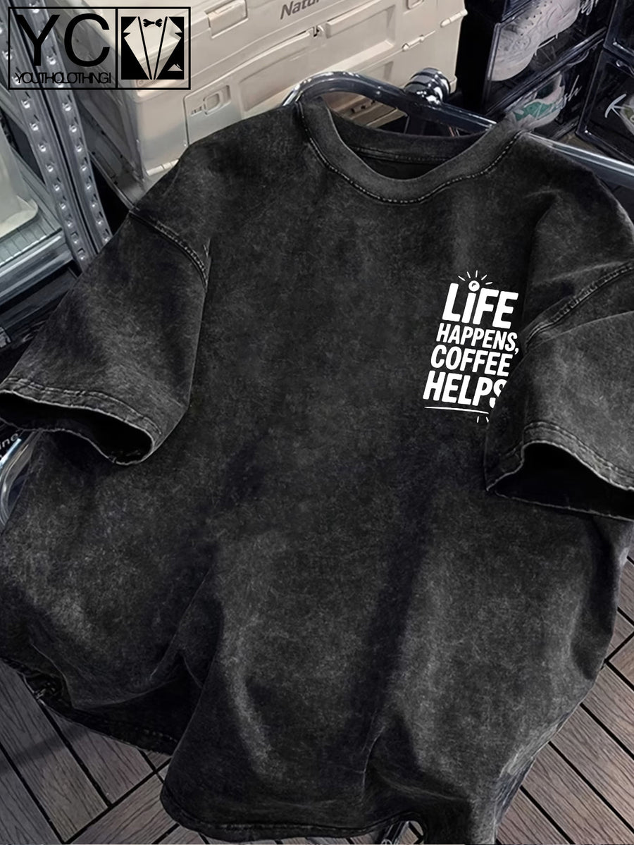 'LIFE HAPPENS COFFEE HELPS' Fun Text and Coffee Infusion Bag Creative Print  Distressed Washed Texture Men's Short-Sleeve T-Shirt, Machine Washable - Short-Sleeve Washed Texture, Loose Fit Crew Neck Casual Shirt - Black