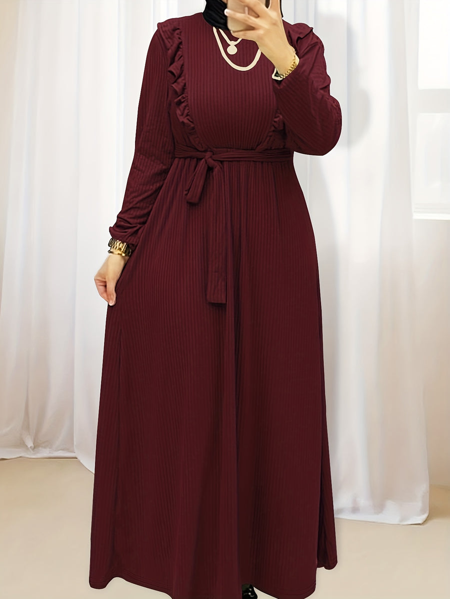 Ladies' Fashion Elegant Solid Color Long Sleeve Round Neck Long Arab Middle Eastern Maxi Dress - Burgundy