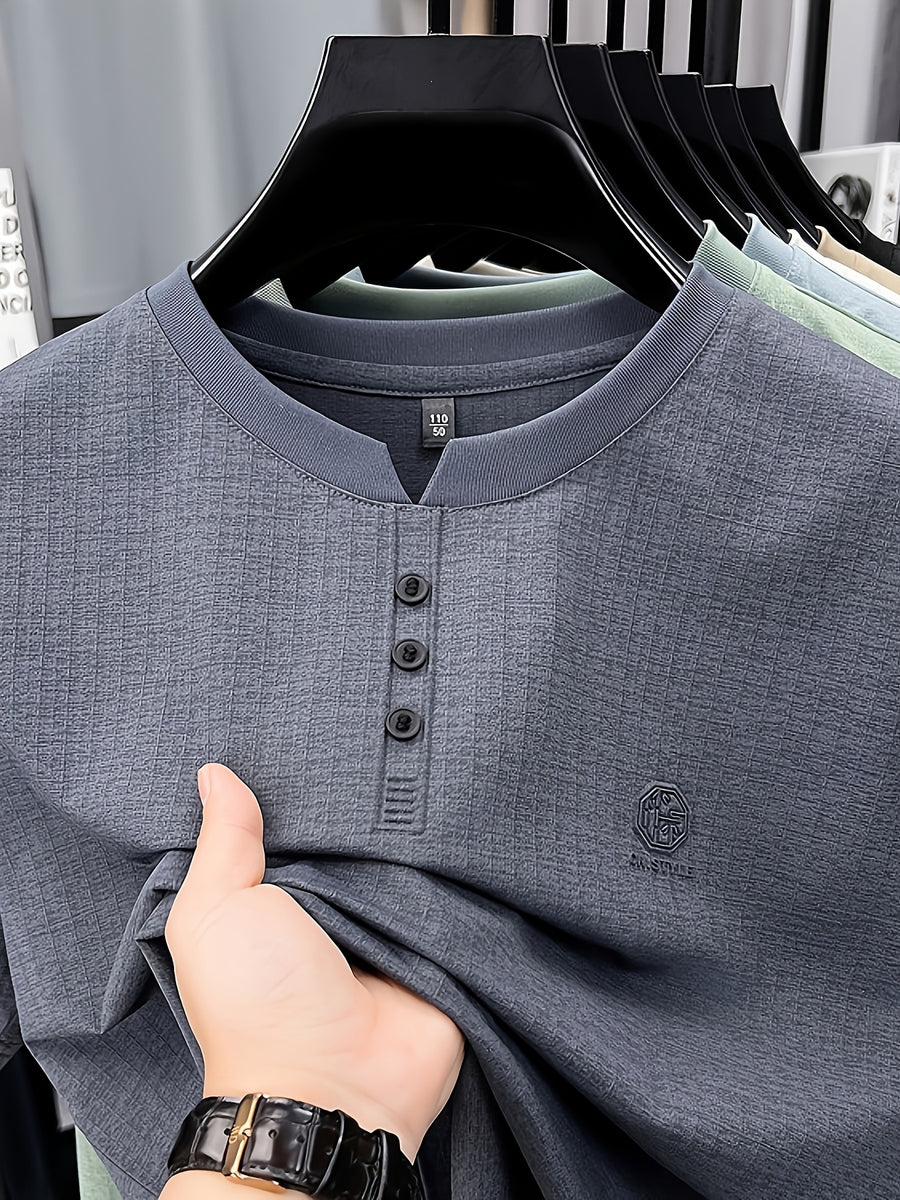 Men's Summer Short-Sleeve Crewneck T-Shirt - Breathable Business Casual Round Neck Base Layer Top, Solid Color Asymmetrical Hem Suitable for Daily Work Wear, Office & Casual Outfits, Machine Washable Light Luxury Style - Dark gray