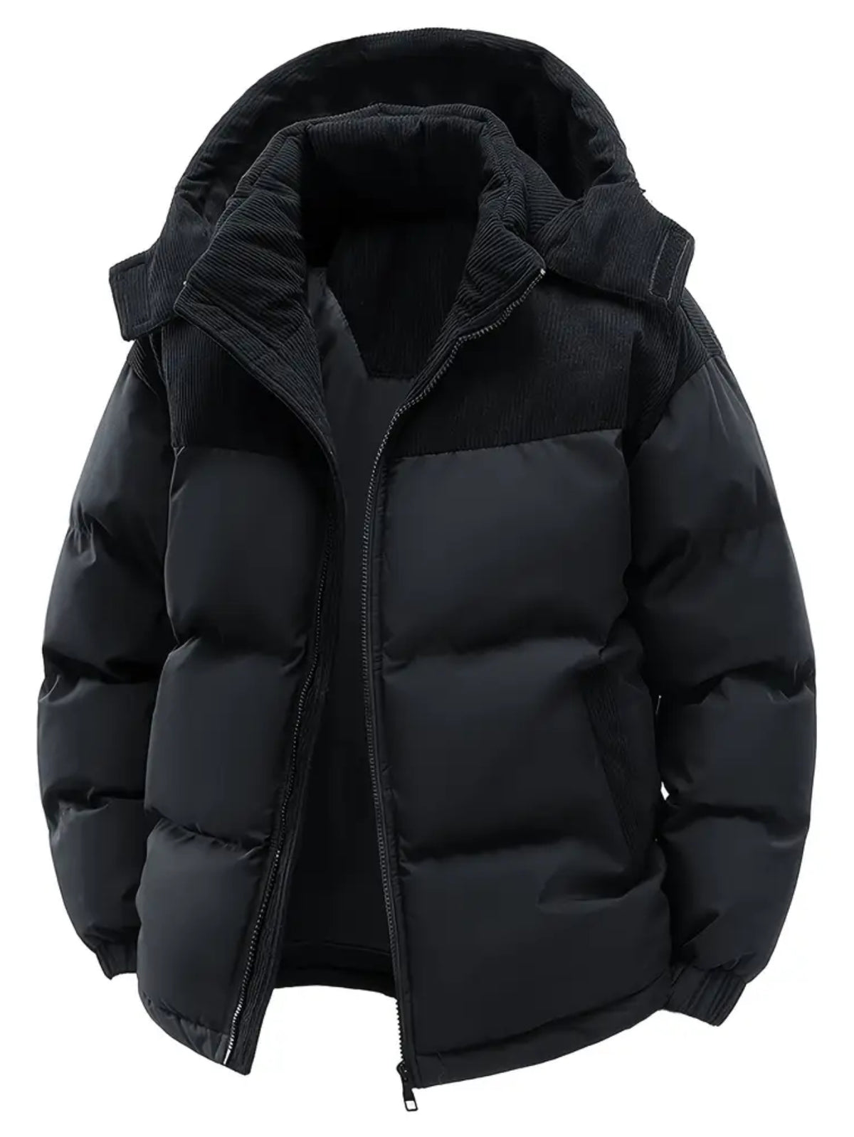 New Men'S Fall Winter Thick Corduroy Jacket Casual Warm Coat - Hooded Jacket, Removable Hood, Warm Winter Overcoat, Suitable for Casual And Formal Occasions, Easy Care Hand Wash Design, Winter Dress, Durable Material - Black