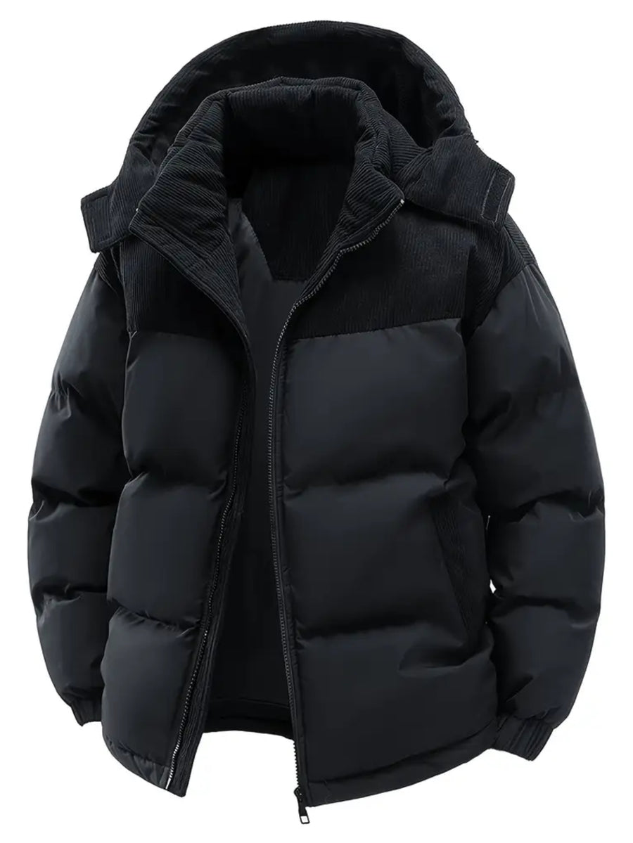New Men'S Fall Winter Thick Corduroy Jacket Casual Warm Coat - Hooded Jacket, Removable Hood, Warm Winter Overcoat, Suitable for Casual And Formal Occasions, Easy Care Hand Wash Design, Winter Dress, Durable Material - Black