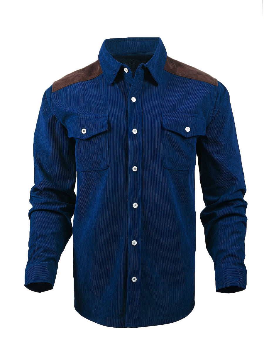 Men'S Retro Corduroy Shirt - Casual Long Sleeve Pocket Shirt, Brown Retro Style Jacket, Suitable for All Seasons, Lapel Design, Loose Fit Suitable for Layering Or Wearing Alone - Blue