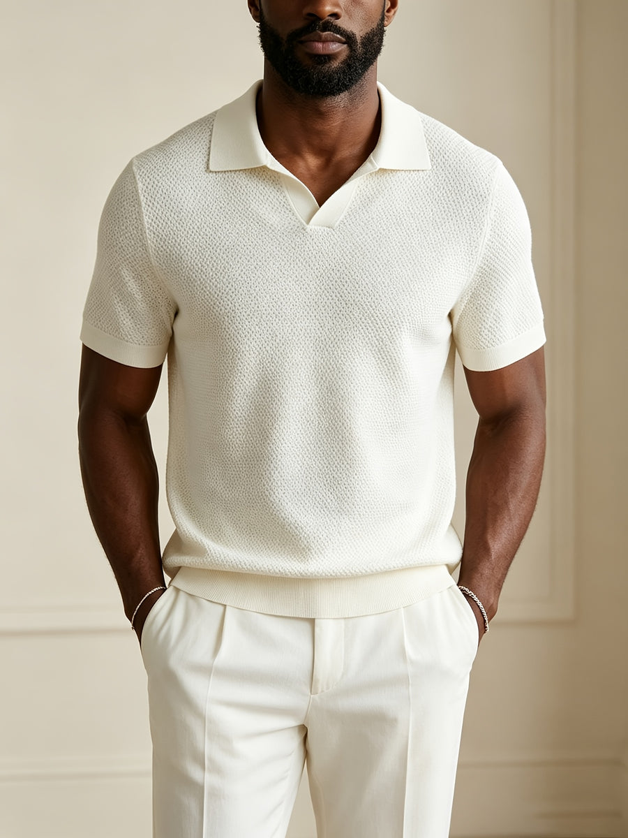 Men'S Premium Textured Knit Polo Shirt, Lapel Half-Button Design, 3D Texture Breathable And Skin-Friendly, Summer Non-Stuffy, Urban Minimalist Style for Multi-Scenarios, Body-Enhancing And Athletic Look, Light Luxury Item for Upgrading Wardrobe - White