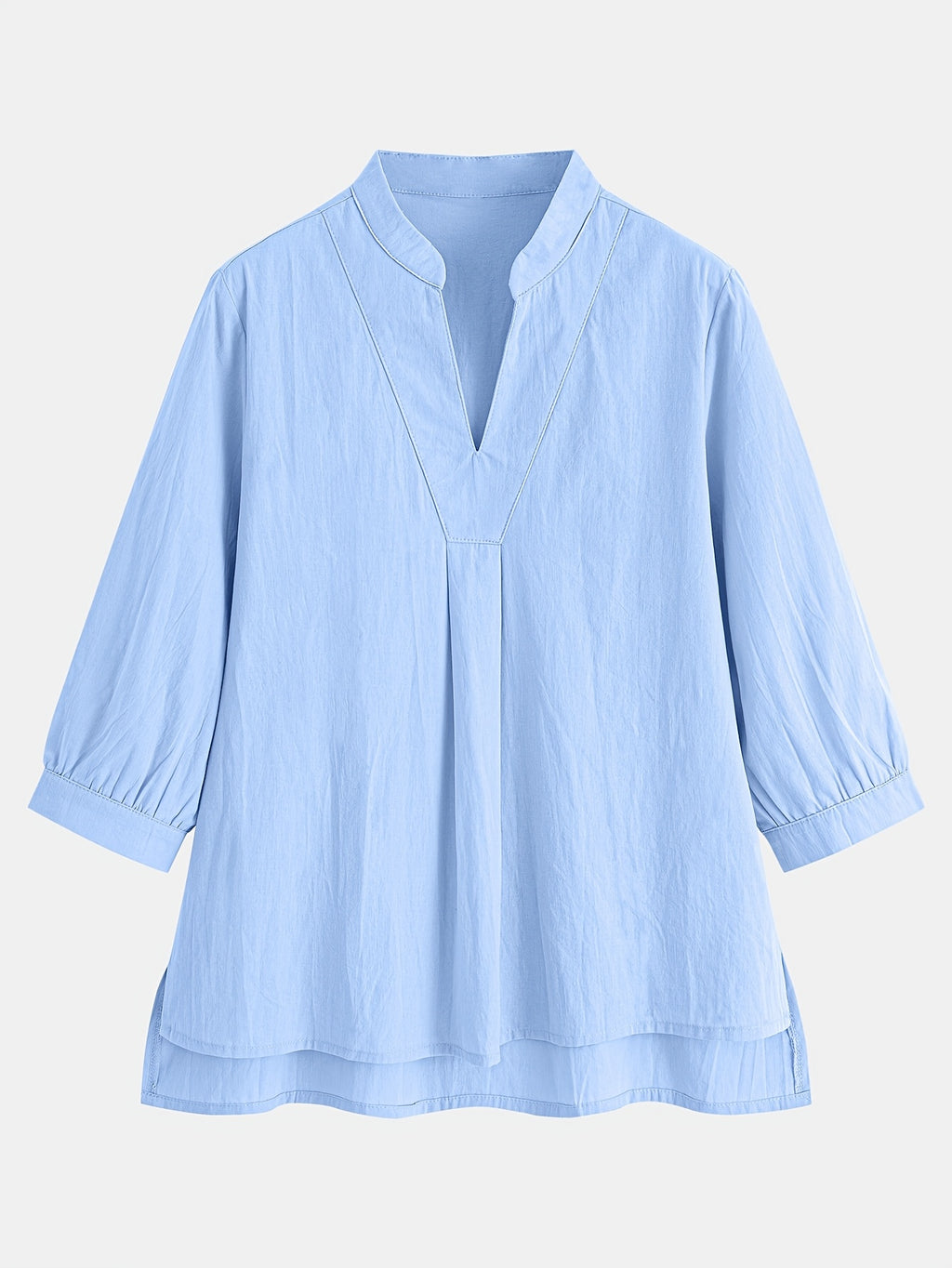 Loose-fitting Small Stand-up Collar Three-quarter Sleeve Pullover Top - Bright Steel Blue
