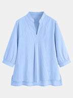 Loose-fitting Small Stand-up Collar Three-quarter Sleeve Pullover Top - Bright Steel Blue