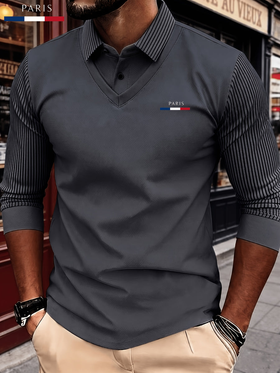 Men's New All-Season Knitwear Classic Lapel Long Sleeve 2-in-1 Look Polo Shirt, Featuring a Stylish and Minimalist Geometric Print Stripe Design, with a Color-blocked Collar and Layered Shirt Style. Made from Lightweight, Breathable - PS Gray