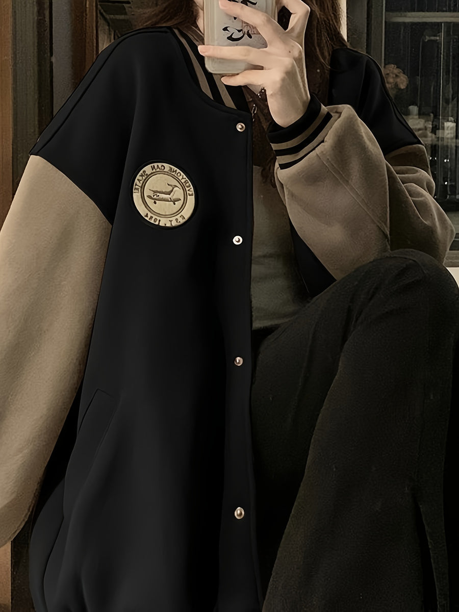 Asian Vintage Baseball Jacket for Women, Autumn Outerwear, Thickened Loose Fit, Relaxed Style Baseball Top for Women - Black