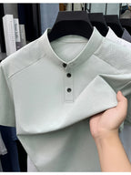 1 Men's Stand Collar Short Sleeve Polo Shirt, Suitable for Business Commutes and Daily Outings, Breathable, Moisture-Wicking, Loose Fit, Slimming, Casual Top, Basic T-Shirt for Middle-Aged and Younger Mature Men, Popular in Europe and America - Water Orchid